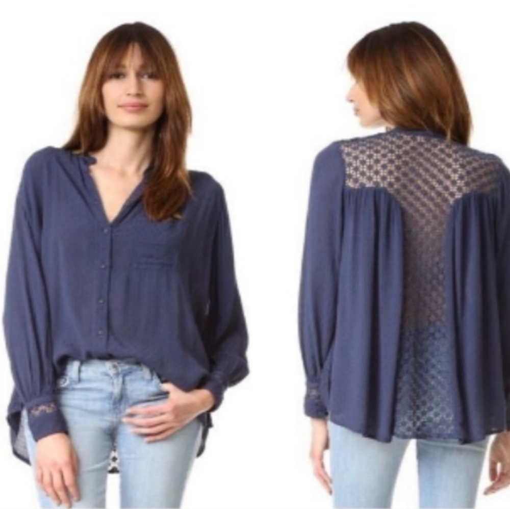 Free People Navy‎ Crocheted Oversized Size XS Button Down Blouse